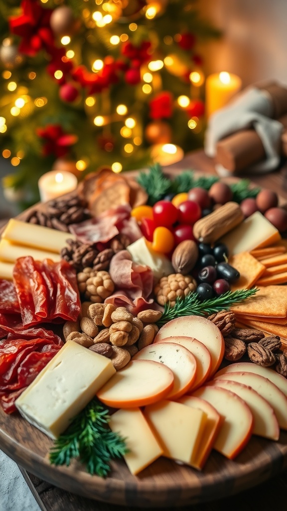A colorful cheese and charcuterie board with cheeses, meats, fruits, nuts, and honey, set against a festive holiday backdrop.